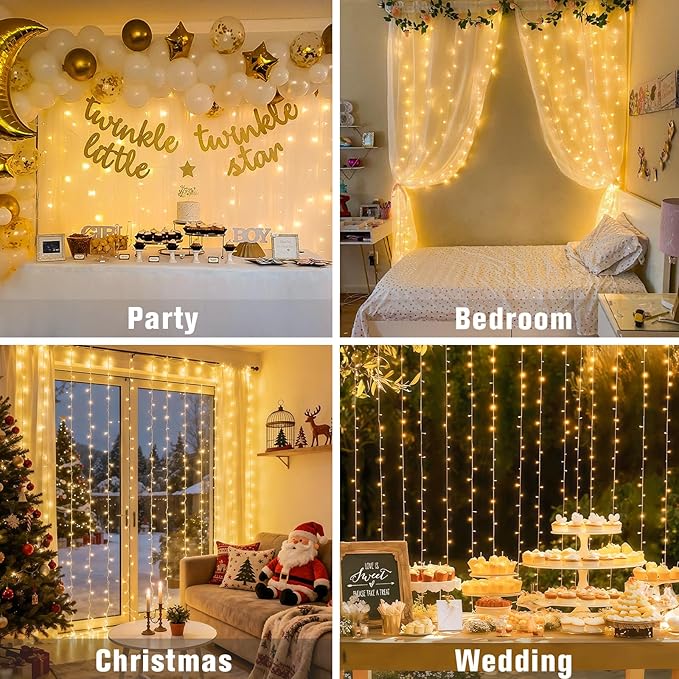 JMEXSUSS 300 LED Remote Control Christmas Curtain Lights, Plug in Fairy Curtain Lights Outdoor, Window Wall Hanging String Lights for Bedroom Backdrop Wedding Party Indoor Patio Xmas Decor, Warm White