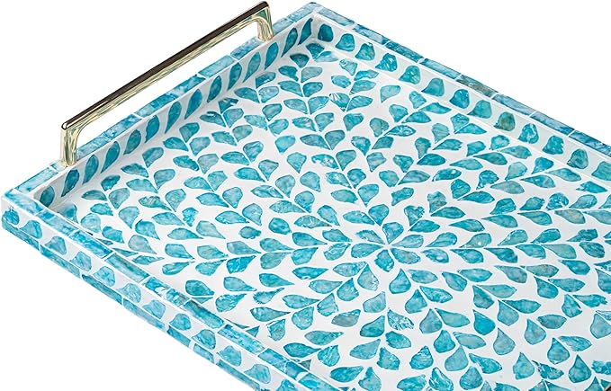 PEMAR Capiz Shell Decorative Tray with Gold Handles – 15.7"x11.8" Rectangular Display & Serving Tray for Vanity, Dresser, Bathroom (Teal Floral)