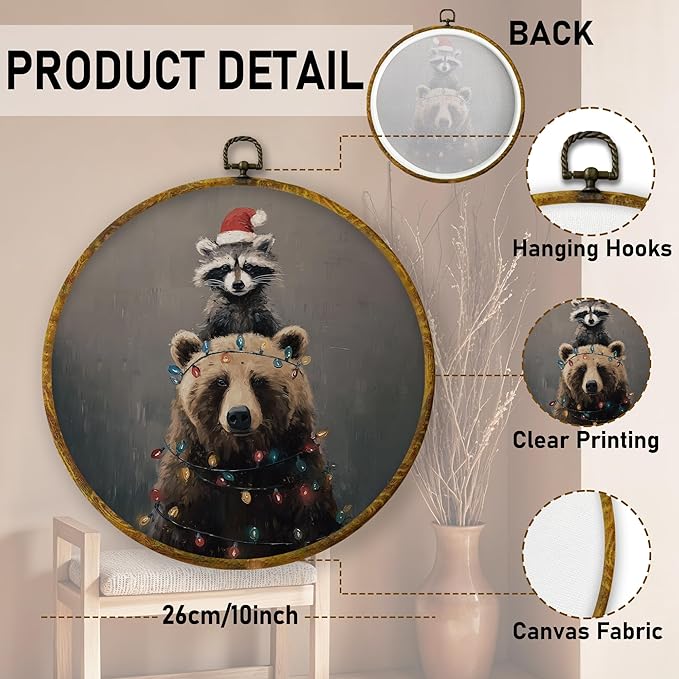 QZQE Christmas Raccoon Bear Round Wall Art Decor Framed, Christmas Holiday Circle Canvas Prints, Rustic Winter Xmas Animals Circular Wall Hanging Decor for Home Bedroom Nursery Room, 10x10 Inch