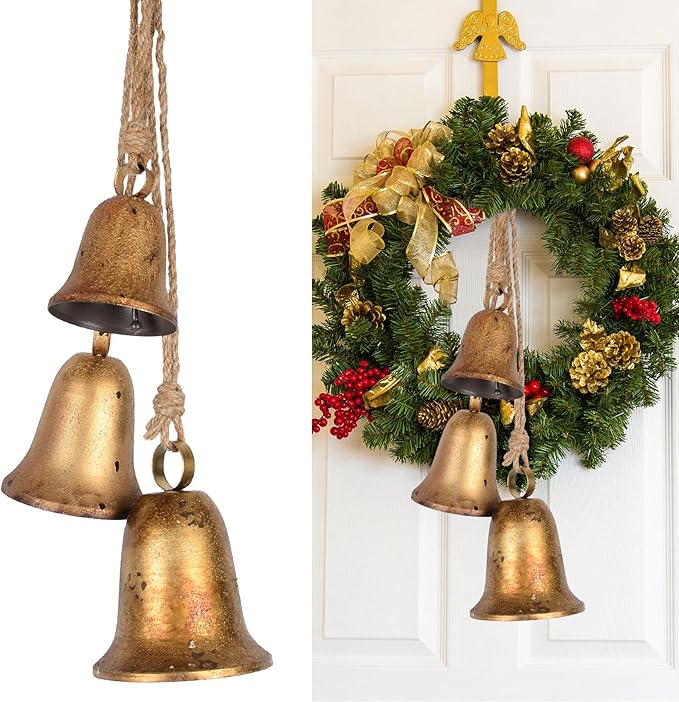 Styleonme Decorative Bells, 3-Piece Set of Harmonious Bells, Vintage Handmade and Rustic Lucky Christmas Bells Hanging on a Rope, Gifts for Mom, Grandma, and Women