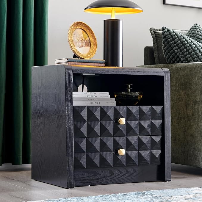 Modern Nightstand with Charging Station, Wood End Table w/2 Storage Drawers and Open Shelf, Mid Century Modern Bedside w/Diamond Panel Decorate for Bedroom, Curved Profile Design, Black