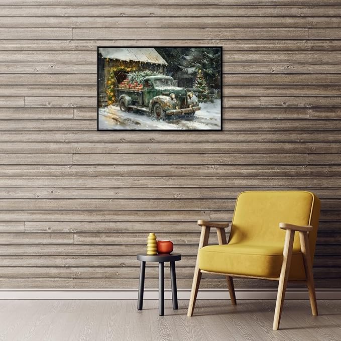 Medpol Vintage christmas truck wall art festive holiday decor canvas poster winter christmas gift snowy barn and tree for countryside cottage decor black framed24x16inch
