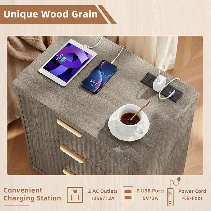 LEYAOYAO 23" Wide Fluted Night Stand with Charging Station,3 Drawers Large End Table with Storage,Grey Nightstand Wood Bedside Tables, Farmhouse Cabinet Dresser for Bedroom,Closet