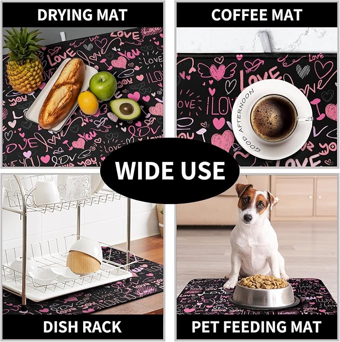 Mother's Day Dish Drying Mat for Kitchen Counter Love Heart Black Drying Mats Absorbent Reversible Microfiber Dish Pad Washable Dish Draining Mat Extra Large 16x18 inch