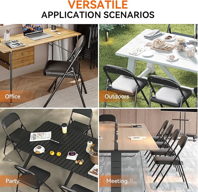 1 Pack Folding Chairs with Cushion Padded - Metal Chairs w/Comfortable Seats and Durable Steel Frame Foldable Chair for Indoor Outdoor Wedding, Party, Backyard & Office Events (Black, 1 Pack)