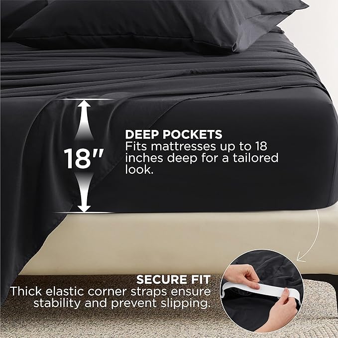 Bedsure Deep Pocket Full Size Sheets Set - 6 Piece, Prewashed Ultra-Soft Full Size Bed Sheets, Fits Mattresses Up to 18 Inches Thick, Breathable & Secure Fit, Hotel Luxury Bedding, Black