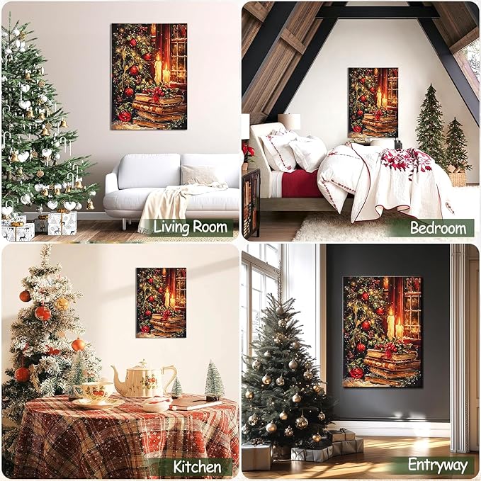 Vintage Christmas Wall Art Framed Canvas Print, Rustic Moody Bookshelf Still Life for Christmas Decorations, Dark Academia Holiday Gift Idea & Winter Library Study Room Decor