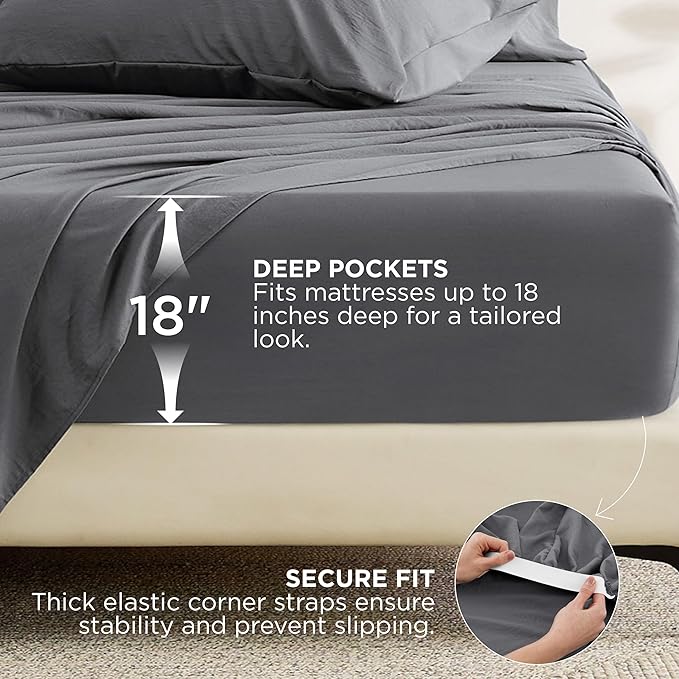 Bedsure Twin XL Sheet Sets - 4 Piece, Prewashed Ultra-Soft Extra Long Twin Sheets, Fits Mattresses Up to 18 Inches Thick, Breathable & Secure Fit, Luxury Dorm Bedding, Grey