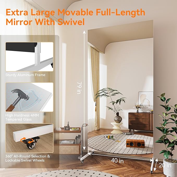 Hasipu Home Gym Mirror 360° Swivel on Wheels, 79" x 40" Extra Large Full Body Rolling Mirror, Tempered Glass Easy to Move Full Length Mirror for Yoga Studio, Bedroom, Dancing Studio, White
