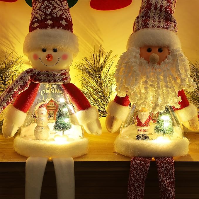 Juegoal 2 Pack Lighted Christmas Santa & Snowman with Dangling Legs, 24" Handmade Plush Figurines with Miniature Xmas Scenes in Belly, Battery Operated Tabletop Dinner Party Ornaments