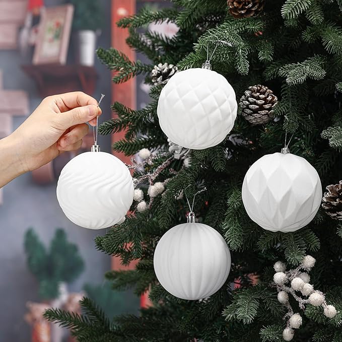 4 Pcs 4 Inch Large Velvet Christmas Ball Ornaments Vintage Christmas Plastic Ball Ornaments Flocked Tree Hanging Decoration for Xmas Party Wedding Home Decor(White)