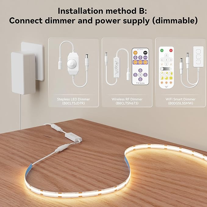 MIWISE COB LED Strip Light 20ft/6.1m,CRI 90+ Warm White 2700K High Lumen Super Bright Flexible DC24V LED Tape Light,for Cabinet Home Office DIY Lighting Projects(Adapter&Controller NOT Included)