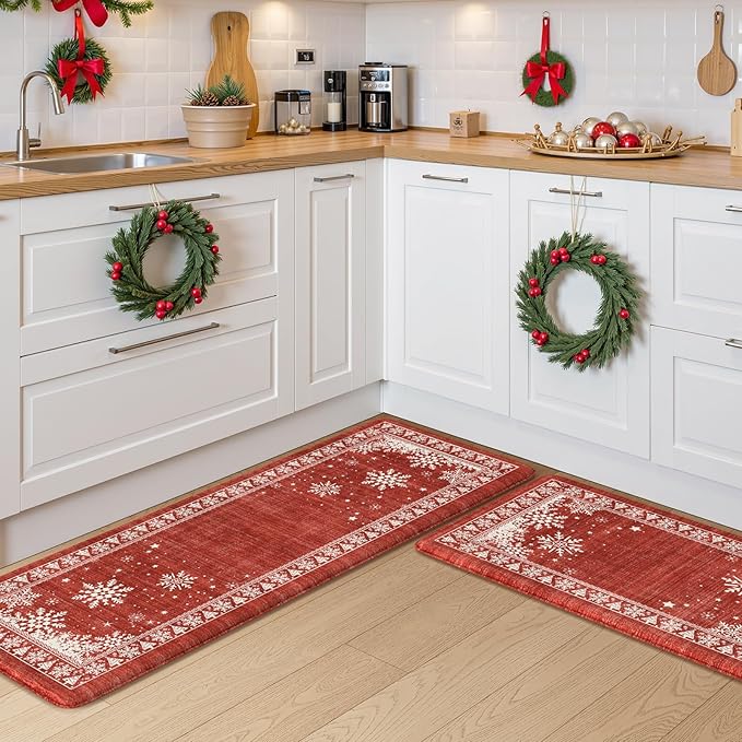 Christmas Kitchen Mats for Floor 2 Piece, Snowflake Kitchen Floor Mats Cushioned Anti Fatigue Kitchen Rugs Non Slip, Bordered Comfort Thick Standing Mat for Home Decor,Sink(Red)