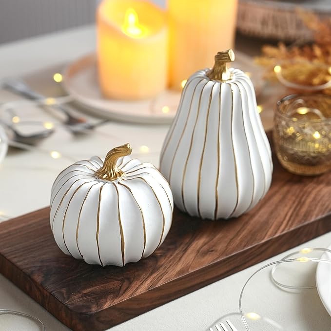 Pumpkin Fall Decor, White and Gold Pumpkins for Decorating Thanksgiving Table Centerpieces, Artificial Resin Pumpkins Decor for Mantel, Harvest Autumn Tabletop Decoration