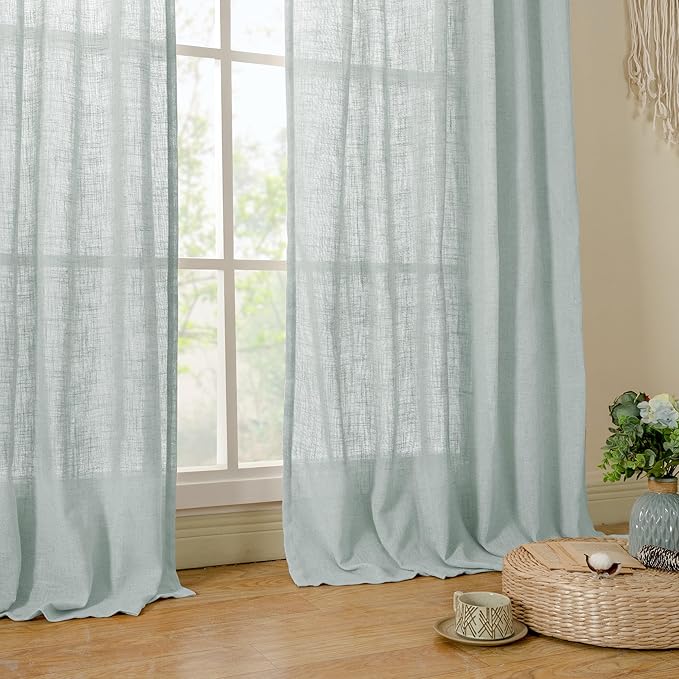 LAMIT Extra Wide Linen Curtains for Bedroom, Light Filtering Faux Linen Textured Panels Semi Sheer Back Tab and Rod Pocket Boho Drapes for Living Room/Farmhouse, 2 Panels, Greyish Blue, 60 x 84 Inch