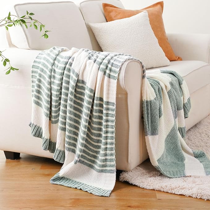 BATTILO HOME Sage Green Throw Blanket for Couch, Farmhouse Chenille Knitted Blanket for Home Decor, Light Green Striped Spring Summer Throw Blanket, 51"x67"
