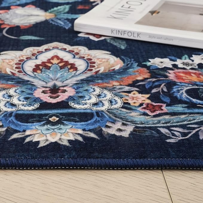 Rugcomf Vintage Paisley Kitchen Runner Rug 2'x6' - Machine Washable, Non-Slip Low Pile Floral Carpet for Laundry, Bedroom, Bathroom - Blue