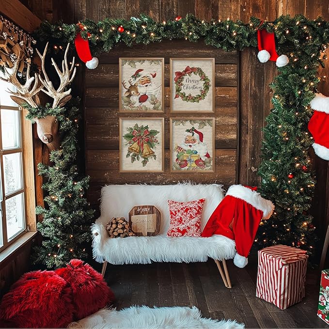 ETVISO Vintage Christmas Wall Art Prints Set of 4, Retro Christmas Garland Poster, Winter Holidays Gift Print Decor for Gallery, Living Room, Bathroom, 8x10 (Unframed)