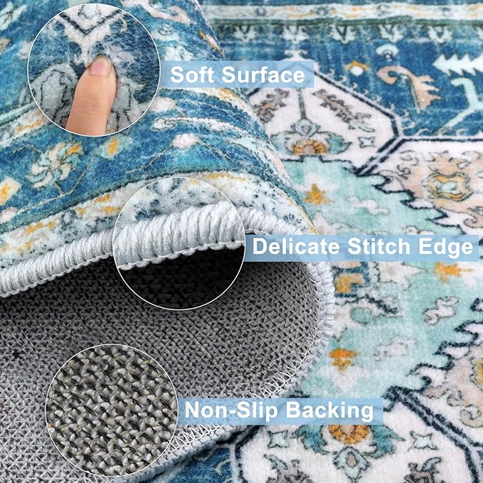 Yamaziot Boho Washable Kitchen Rugs Sets of 3, Non Slip Kitchen Mats for Floor with Rubber Backing, Waterproof & Stain Resistant Thick Carpet Runner Throw Rugs for Kitchen, Laundry Room, Hallway, Blue