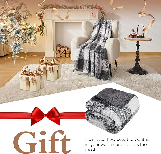 LURKA Checkered Sherpa Fleece Queen-Size Bed Blanket - Extra Thick and Warm Winter Soft Fuzzy Plush Blanket for Couches, Beds & Pets, Smoke Grey, 90x90 Inches