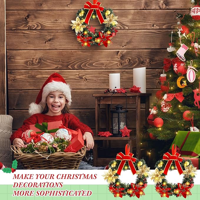 Lyrow 6 Pcs Lighted Christmas Wreath with Red Bow Ornament 13 Inch Prelit Xmas Battery Operated Christmas Wreaths for Front Door Outdoor Holiday Wall Indoor Xmas Decorations Party Decor(Classic)
