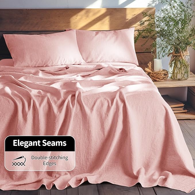 LBRO2M 100% Linen Sheet Set 16" Deep Pocket Full Size,Bed Sheets 4 Piece Sets,Solid Color Natural Flax Bed Sheets Soft Breathable Bedding, All Season (Full, Blush Pink)
