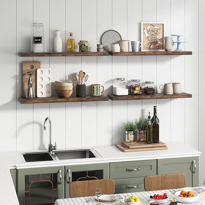 Rustic Elm Wood Floating Shelves for Wall, Flat Edge 36"W x 9.2"D x 1.4"H, Set of 2 with Invisible Bracket, Wall Mounted Storage Shelves for Living Room Bedroom Kitchen Bathroom Decor, Walnut Finish