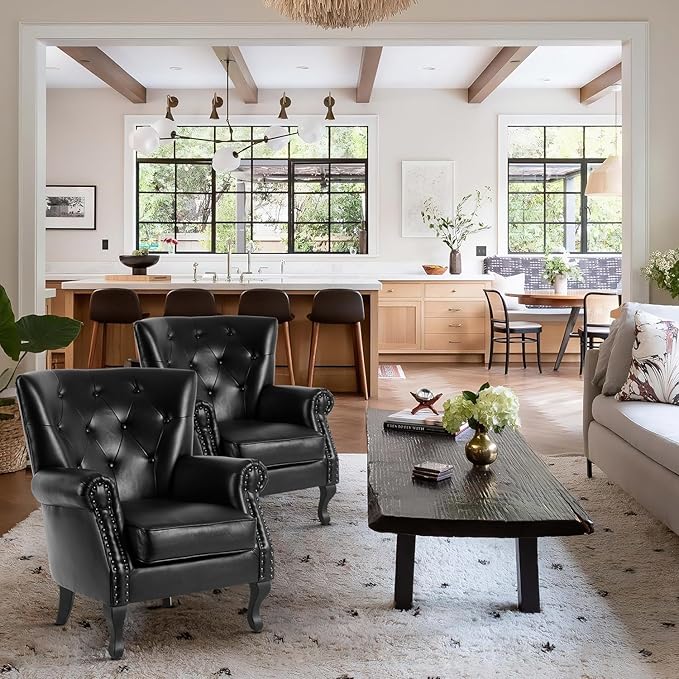 MOJAY PU Leather Accent Chair, Mid-Century Modern Armchair Living Room Club Chair with Tufted Button & Rivet Trim, Upholstered Sofa Chair with Sturdy Wood Legs for Bedroom (Black)