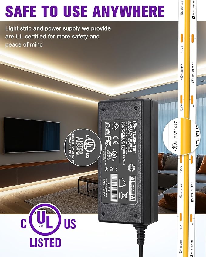 HitLights White COB LED Strip Lights Kit 4000K, Dimmable Tape Light with Remote 12V Power Supply, 2640 LEDs, 426 lm/ft, CRI 90+, UL Listed, Premium Lighting for Kitchen Cabinet Living Room, 16.4ft