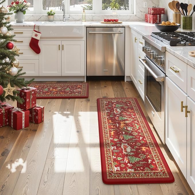 Christmas Kitchen Mats Anti Fatigue - Reindeer Sleigh Farmhouse Cushioned Kitchen Floor Mat, Non Slip Kitchen Rugs Sets of 2, Christmas Decorations Sink Mats for Home Holiday Decor(Red)