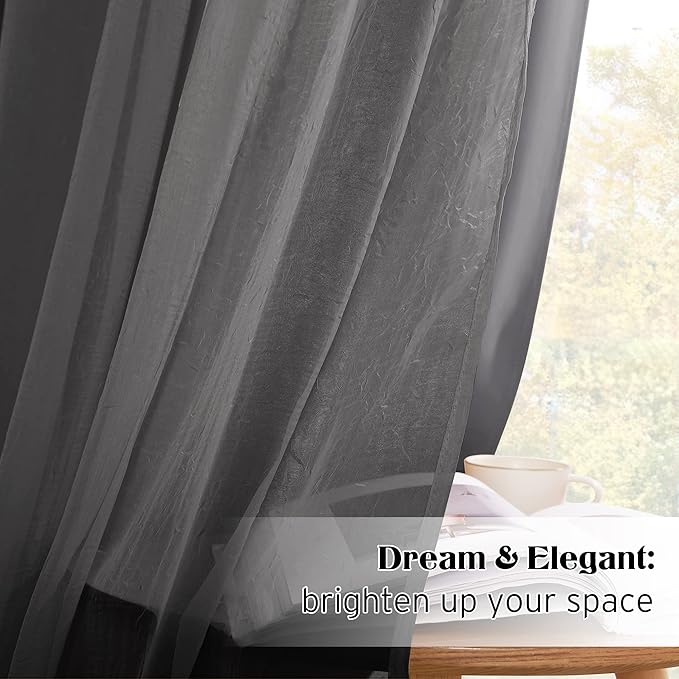 NICETOWN 84 inches Long Grommet Top Mix and Match Curtain Set, Crushed Sheer & Thermal Insulated Blackout Drapes with Tiebacks for Living Room, 52 Wide, Grey, 2 Layers Per Panel, Sold as 2 Panels