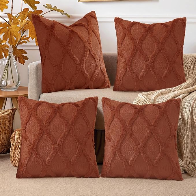 decorUhome Set of 4 Rust Throw Pillow Covers 16x16 Inch, Neutral Decorative Soft Plush Faux Wool Couch Pillow Covers, Farmhouse Pillow Cases for Living Room Bed Sofa