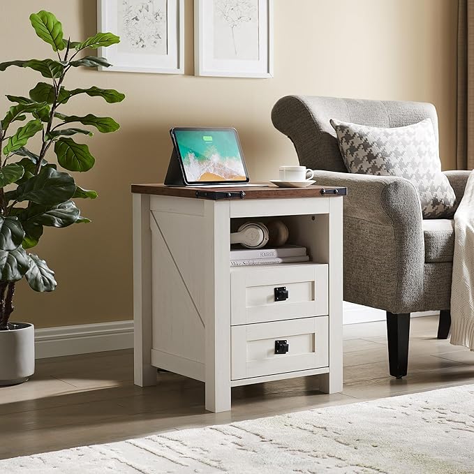 RedLemon Farmhouse Nightstand with Charging Station, Rustic 18 Inch End Table with 2 Storage Drawers and Open Shelf, Wood Sofa Side Table for Bedroom, Living Room (Antique White)