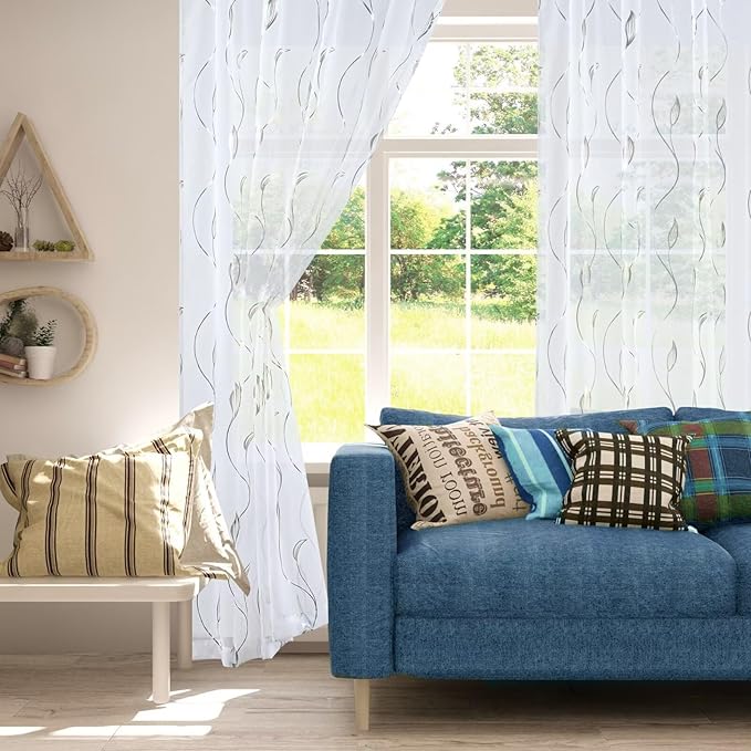 Silver Foil Print Sheer Curtains 84 inches Long, 2 Panels Ginkgo Bronzing Treatment Sheer Curtain, Rod Pocket Window Treatment Panels for Bedroom Living Room