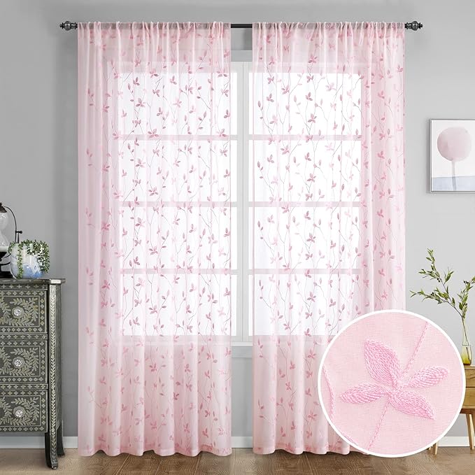 HOMEIDEAS Pink Sheer Curtains 52 X 96 Inches Length 2 Panels Embroidered Vine Floral Pattern Pocket Faux Linen Semi Sheer Voile Window Drapes for Bedroom Living Room