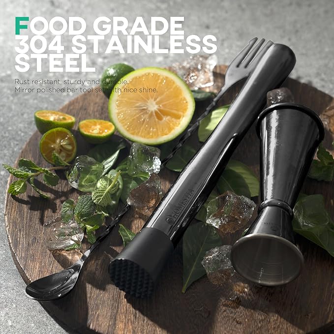 Homestia 3Pcs Black Muddler & Mixing Tools Set, 10'' Muddler, 12'' Cocktail Spoon and Double Jigger, Bar Tool Set for Beverages, Bar Accessories Tools for Mojitos Fruit Drinks (Black)