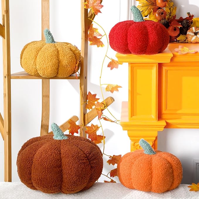 Kajaia 4 Pcs Fall Decor Pumpkin Throw Pillow Fall Pillow 11 Inches 7 Inches 3D Cushion Thanksgiving Sherpa Plush Fluffy Stuffed for Autumn Halloween Christmas Home Sofa(Brown,Orange,Red,Yellow)