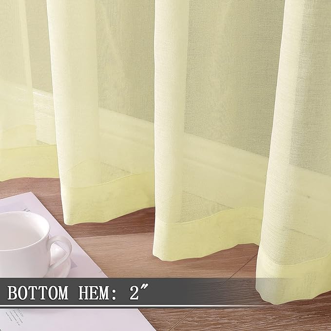 Tollpiz Sheer Curtains Bedroom Linen Textured Curtain Sheers Light Filtering Voile Rod Pocket Curtains for Living Room, 38 x 84 inches Long, Transparent Yellow, Set of 2 Panels