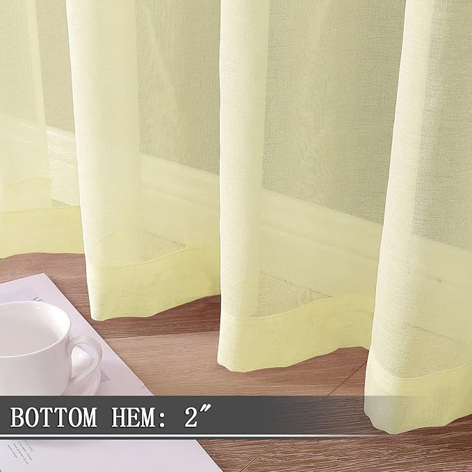 Tollpiz Sheer Tier Curtain Linen Textured Half Kitchen Curtains Sheer Light Filtering Rod Pocket Voile Small Curtains for Bathroom, 25 x 36 inches Long, Transparent Yellow, Set of 2 Panels