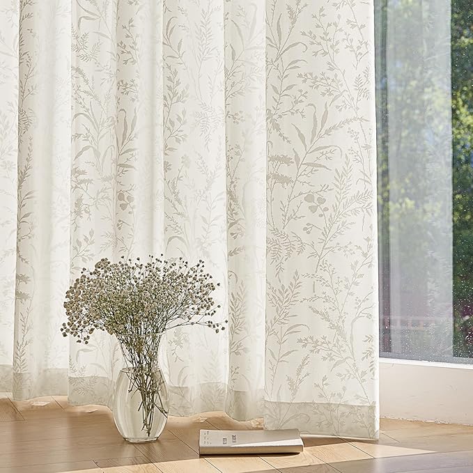 Anmao Beige Semi Sheer Light Filtering Curtains 96 Inches Long 2 Panels, Leaf Pattern Drapes for Living Room Bedroom, Rod Pocket Privacy Window Treatments with Floral Design, 52x96 Inch