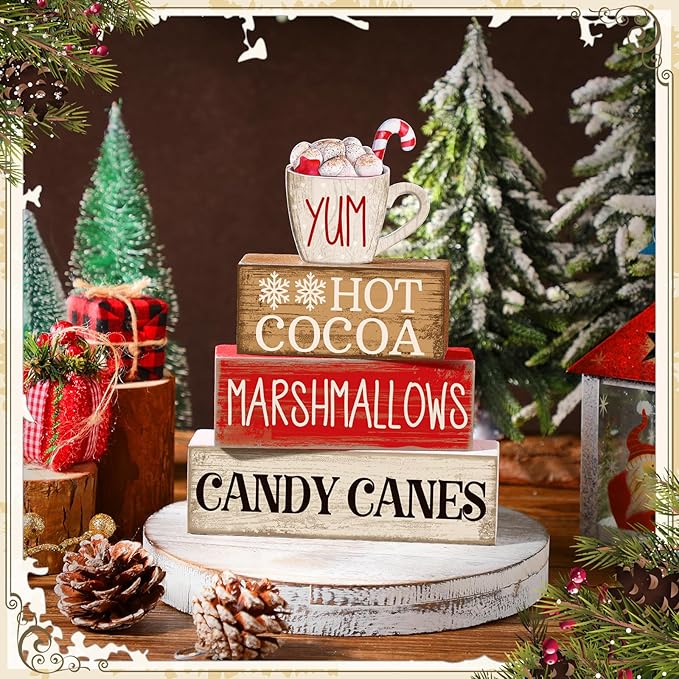 4 Pcs Wooden Christmas Tabletop Decor Hot Cocoa Tiered Tray Decor Rustic Wood Hot Cocoa Block Sign Gift Merry Christmas Centerpiece Farmhouse Winter Table Decoration