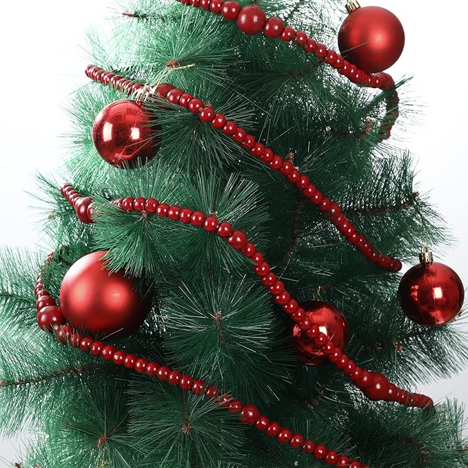 12 Feet Christmas Wooden Beads Garland Round Craft Farmhouse Vintage Wood Bead Garlands for Xmas Decoration Supplies(Dark Red)