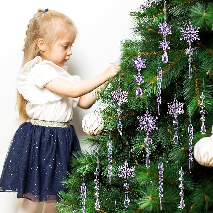 32pcs Crystal Christmas Ornaments for Christmas Tree Decorations-Purple Hanging Acrylic Snowflake and Icicle Ornaments with Drop Pendants for Xmas Winter Wonderland New Year Party Decorations Supplies