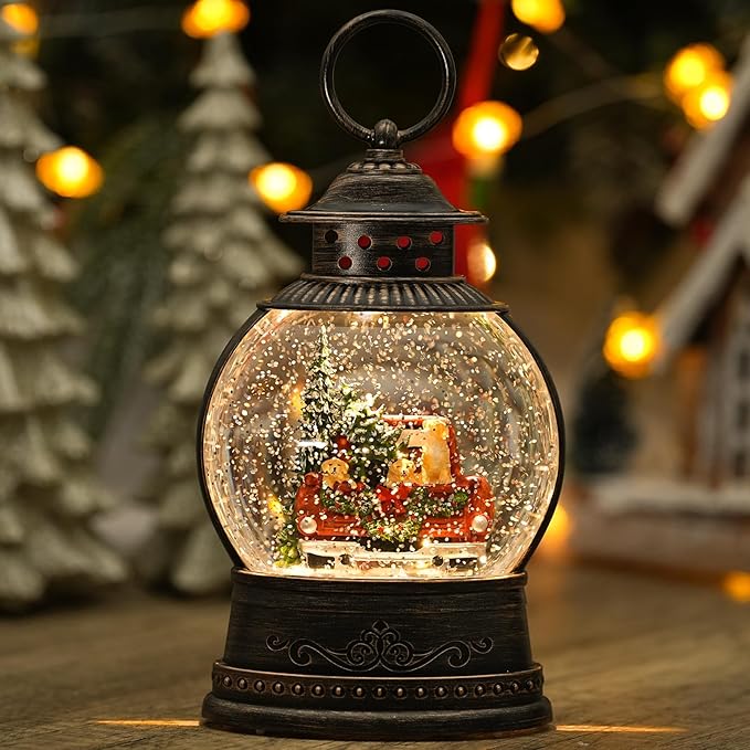 Dog Snow Globe Lighted Christmas Decorations, Musical Snow Globe Lantern with Swirling Glitter, Red Truck Christmas Tree Holiday Party Gifts and Decorations, USB & Battery Operated