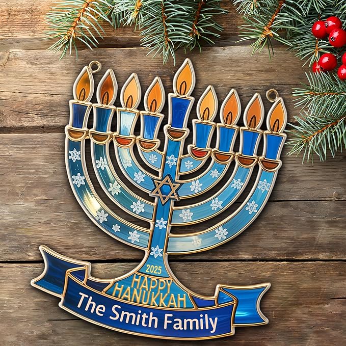 Personalized Hanukkah Suncatchers for Windows - Menorah Shape Ornament, Hanukkah Ornaments for Tree, Merry Chrismukkah Jewish and Christian, House Warming Gifts for Family