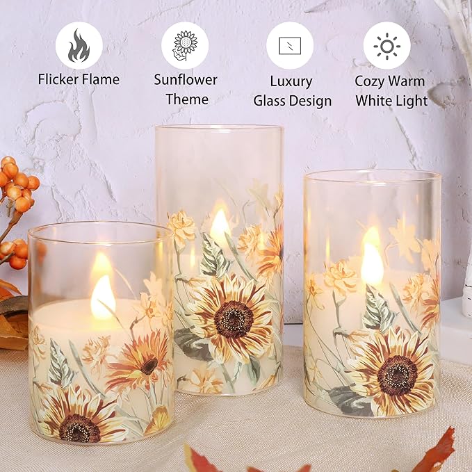 Sunflower Glass Flameless Candles with Remote Battery Operated Flickering LED Pillar Candle Summer Fall Autumn Christmas Decorations Gifts for Women Mom Mothers Day Birthday, Set of 3