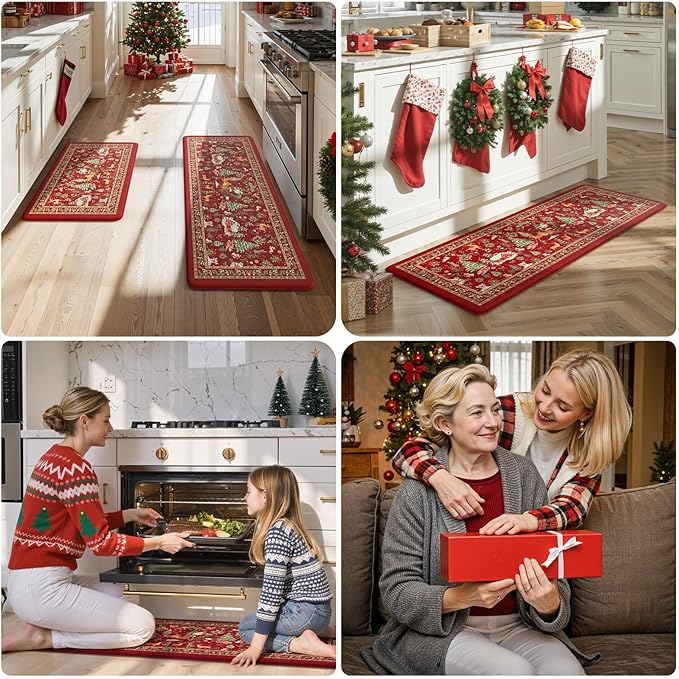 Christmas Kitchen Mats Anti Fatigue - Reindeer Sleigh Farmhouse Cushioned Kitchen Floor Mat, Non Slip Kitchen Rugs Sets of 2, Christmas Decorations Sink Mats for Home Holiday Decor(Red)