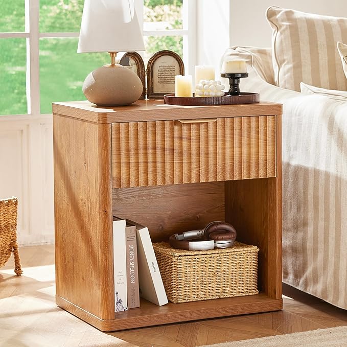 LEYAOYAO Fluted Farmhouse Nightstand Set of 2 with Charging Station, 23" Wide 1 Drawers End Table,Brown Dresser for Bedroom,Bed Side Table Chest of Drawers Cabinet,Wood Night Stand for Living Room