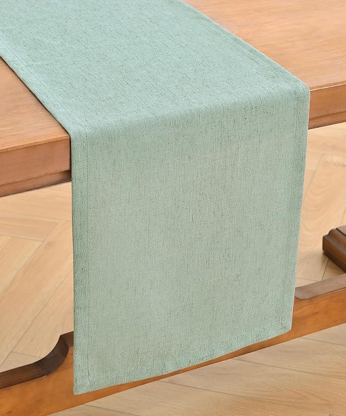Wracra Linen Style Table Runner, Rustic Farmhouse Christmas Red Table Runners 60 Inches Long, Handcrafted Table Runner for Fall, Winter - Everyday Use and Machine Washable, Light Green 60"