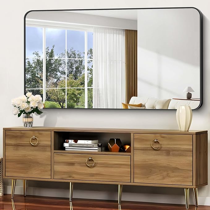 Bathroom Mirror, 30"x55" Black Rectangle Wall Mirror, Metal Frame Rounded Corner Vanity Mirror, Large Wall Mounted Mirror for Modern Bedroom Living Room Horizontal Or Vertical Mounting